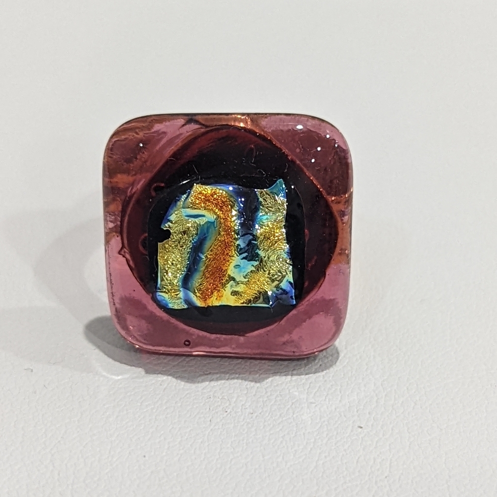 Artisan Handmade pink glass  statement ring with adjustable gold plated band